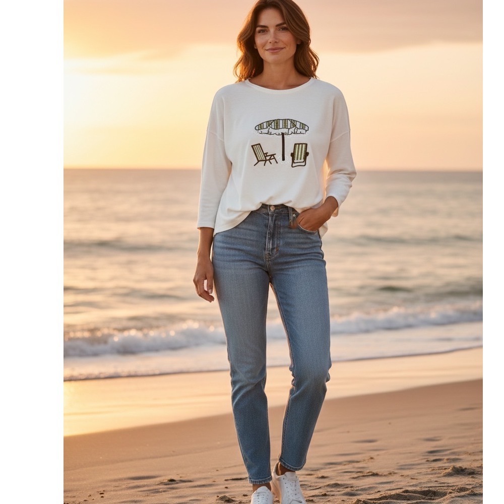 Aeda Eggshell Long Sleeve Crew Neck Graphic Shirt, Thin Sweater XL Beach NWT‎